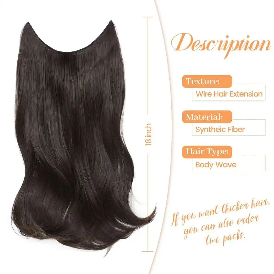 Megito Hair Extensions, 18 Inch Body Wavy Halos Hair Extension, Synthetic Fiber Halos Extensions Hair Extensions Clip In Hairpiece With Transparent Wire Adjustable Size 2 Secure Clips - view 2