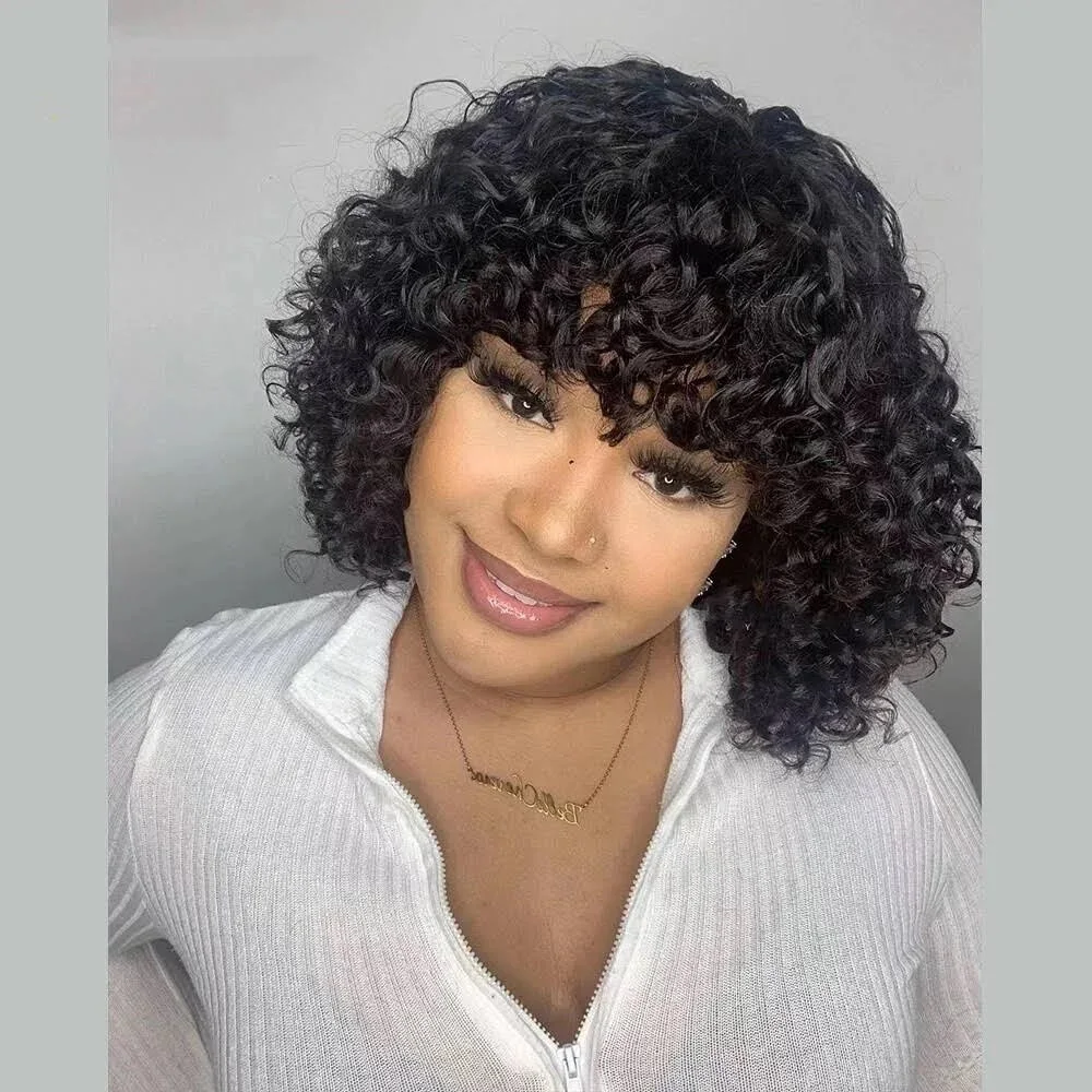 

Натуральный цвет, глубокая волна, парик из натуральных волос Реми, короткая длина, с челкой, машинная работа