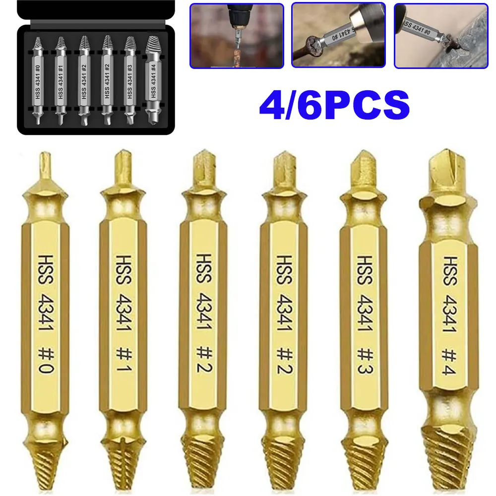 

4/6Pcs Damaged Screw Extractor Center Drill Bit Set Woodworking Tools Double Side Stripped Broken Bolt Remover Extractor Kit