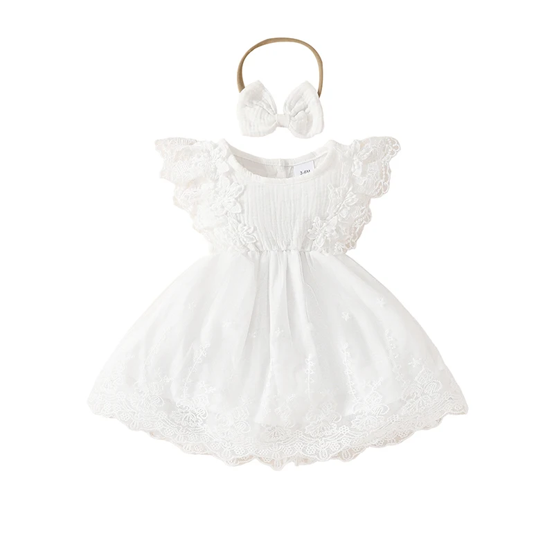 Baby Baby Meisje Boho Bloemen Kanten Jurk Ruche A-Line Mesh Prinsessenjurken Met Hoofdband Doop Outfits