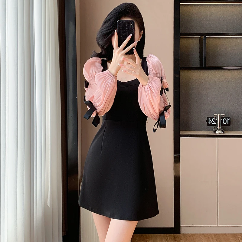 Coigarsam Dress Women 2024 New French Style Cute Floral Puff Sleeve Bow Square Collar Black Dresses