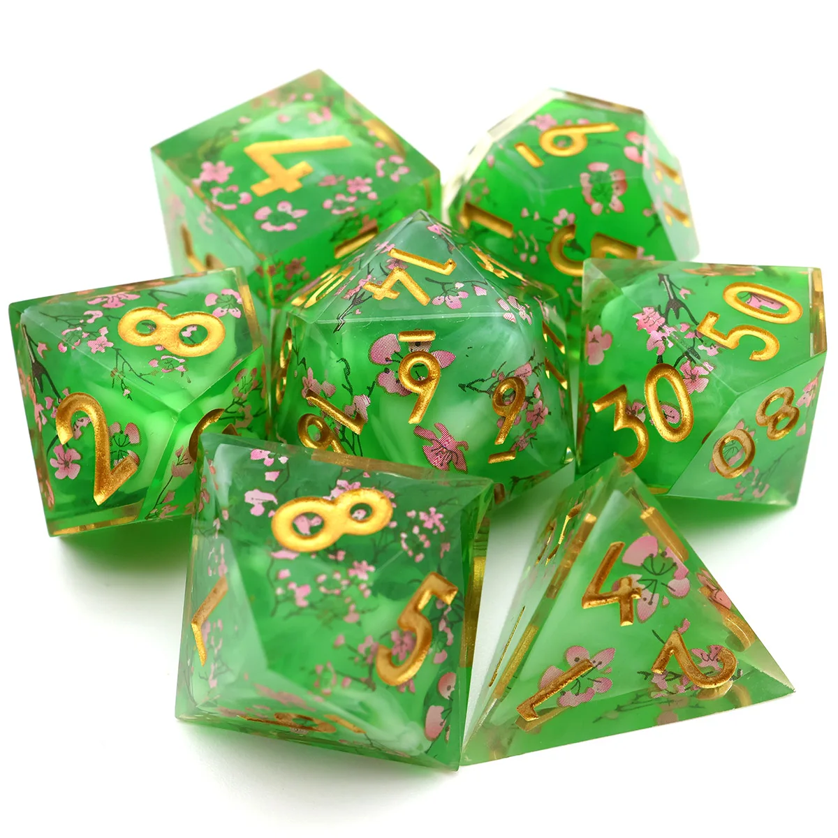 

Handcrafted DND Polyhedral RPG Dice with Transparent Green Core Embellished for RPG Tabletop Game Board Game Resin Dice Set-L11
