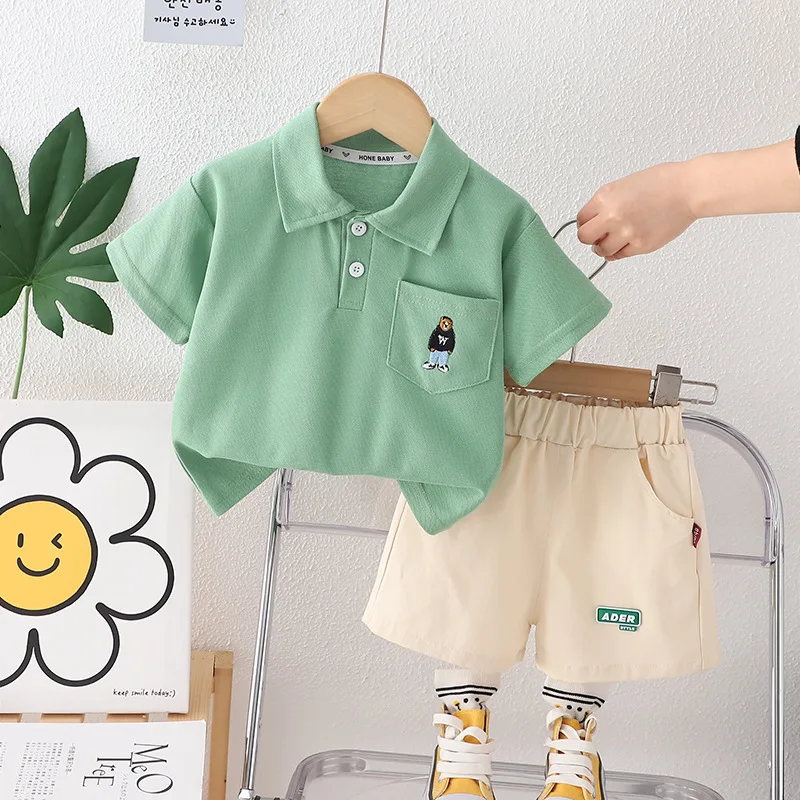 Summer Baby Boy Infant Clothes 2024 Korean Casual Cartoon Turn Down Colar Short Sleeve T-shirts and Shorts Kids Boys Outfit Set