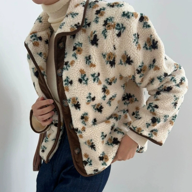 معطف نسائي من صوف امبسوول جاكار بلون متباين معطف شتوي دافئ كاجوال فضفاض مع جيب بطول قصير