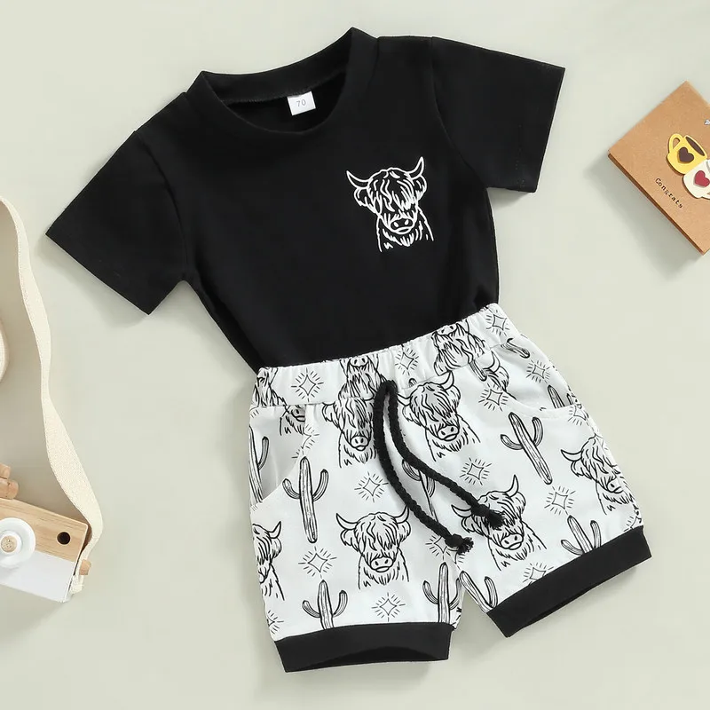 Newborn Baby Boys Clothes Short Sets Summer 2023 Short Sleeve Bull Head T-shirt with Cactus Print Shorts Outfit 0 to 3 Years