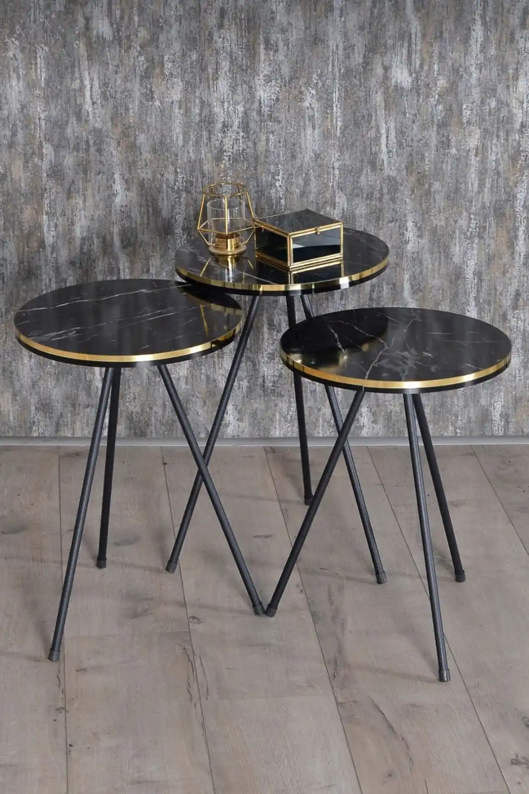 Modern Nesting Table 3 Pieces Black Metal Leg Gold Edge De-Mounted Side Table Tea Coffee Service Table Round Living Room Bedside