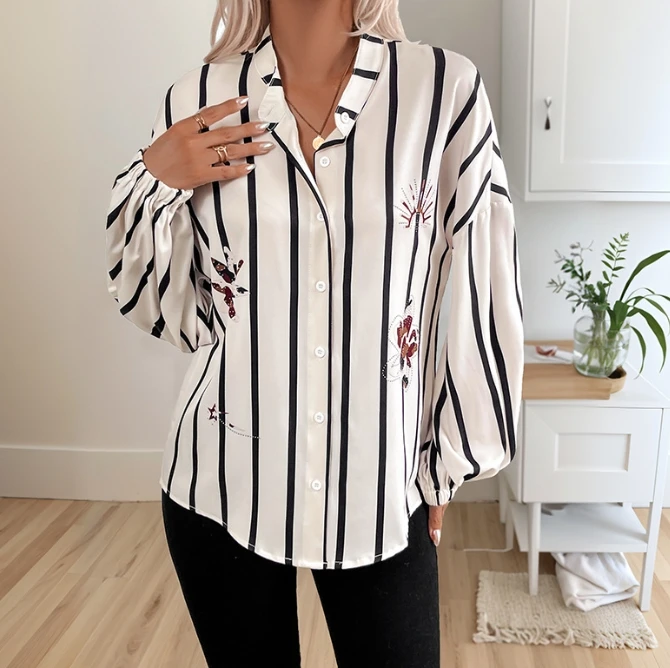 

Women's Blouse Stand Up Collar Long Sleeved Cardigan Top Striped Printed Blouse Temperament Commuting Casual Retro Blouse