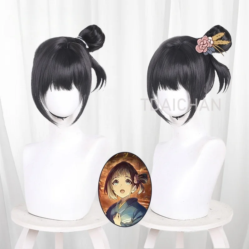 2026 Anime Sparks of Tomorrow Inako Mogawa Cosplay Wig Black 40cm Updo Hair Bun Kawaii Party Halloween Props with Free Wigcaps view 2