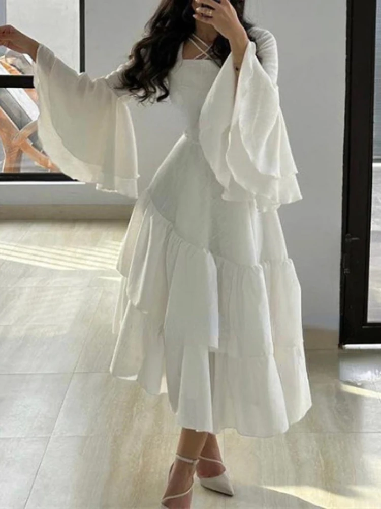 Customized Modern Chic Square Collar Cross Design Long Flare Sleeve Evening Dresses Long Slim Waist A-line Ball Gown Tiered Wave