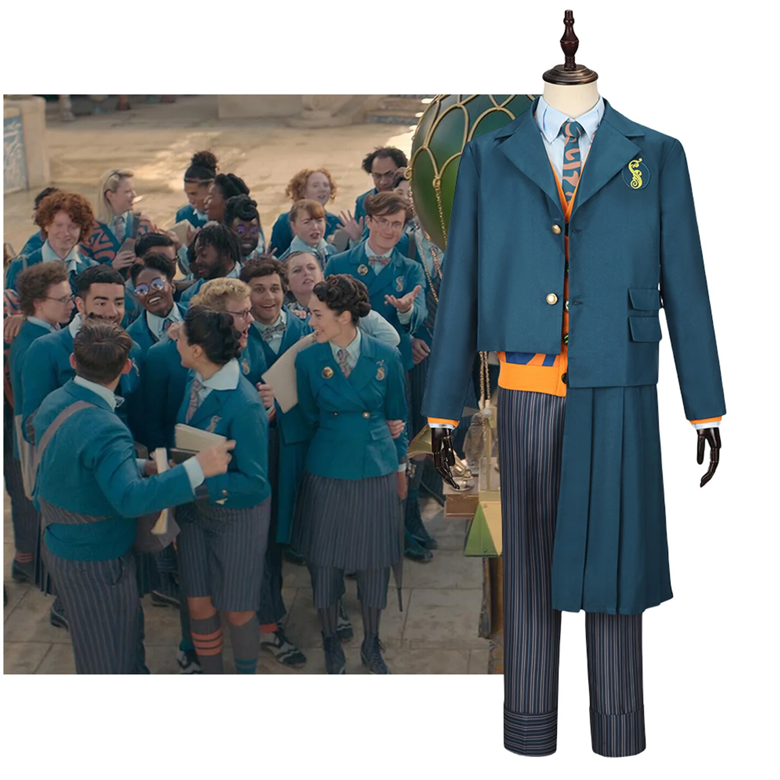 

Fiyero Boq School Uniform Cosplay Costume Musical Witch Men Blue Coat Sweater Shirt with Tie Suit Halloween Carnival Outfit