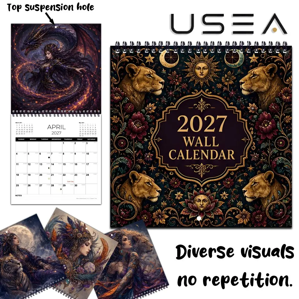 2027 Hanging Wall Calendar, 12-Month Monthly Planner & Habit Tracker, Celestial Majestic Lion Art, Christmas New Year Gift