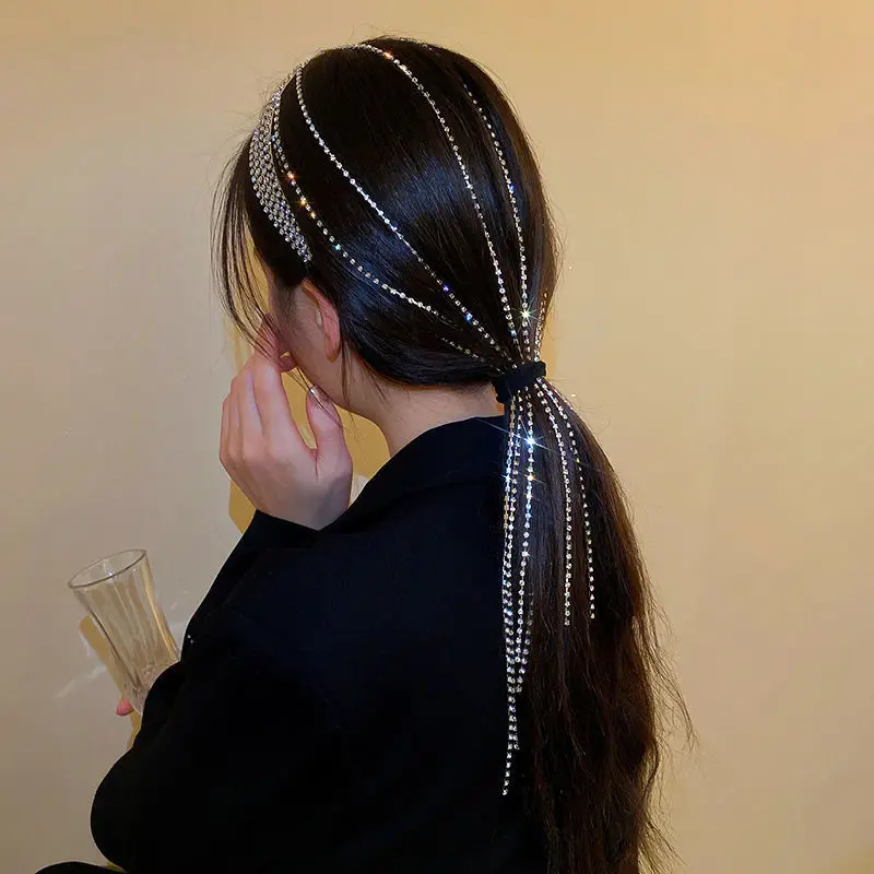 New Fashion Alloy Rhinestone Chain Tassel Hair Scrunchies Shining Claw Chain HairHoop Hair Accessories For Women Headwear