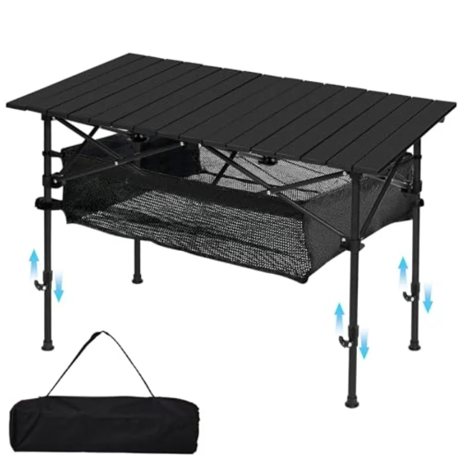 

Camping Table: Aluminum, Black, Roll-up Adjustable Height for 4-6 Persons, Lightweight Portable Outdoor Table with Carry Bag fo