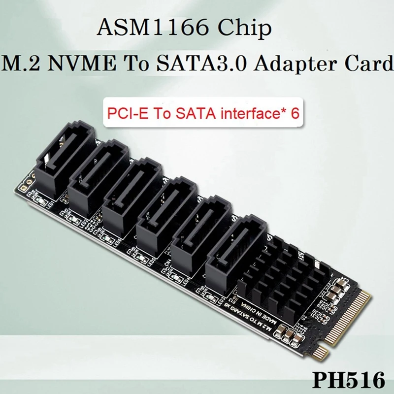 4X M.2 MKEY PCI-E Riser Card M.2 NVME To SATA3.0 PCIE To SATA 6Gpbsx6-Port Expansion Card ASM1166 Support PM Function