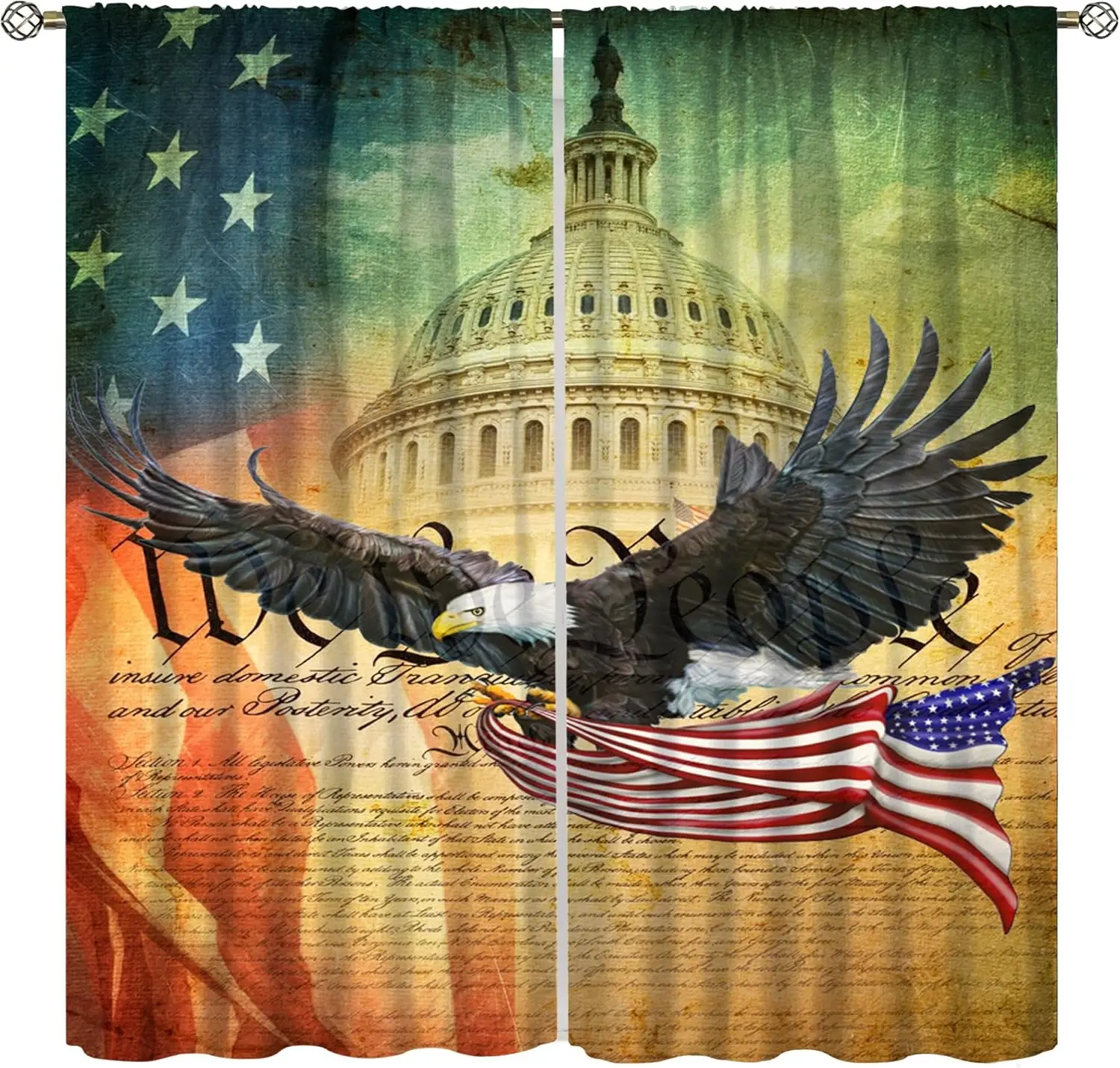 Vintage US Flag Eagle Blackout Curtains, Retro Independence Art Rod Pocket Drapes for Kitchen Bedroom Dining Cafe Office Decor