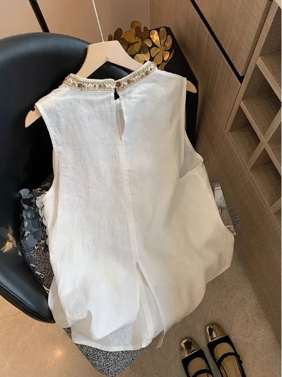 2025 Summer New Sle Ethnic Weaving Beaded Linen Vest Design Sense Top Korean Version Straight Cut No Sve round Ne Pure...