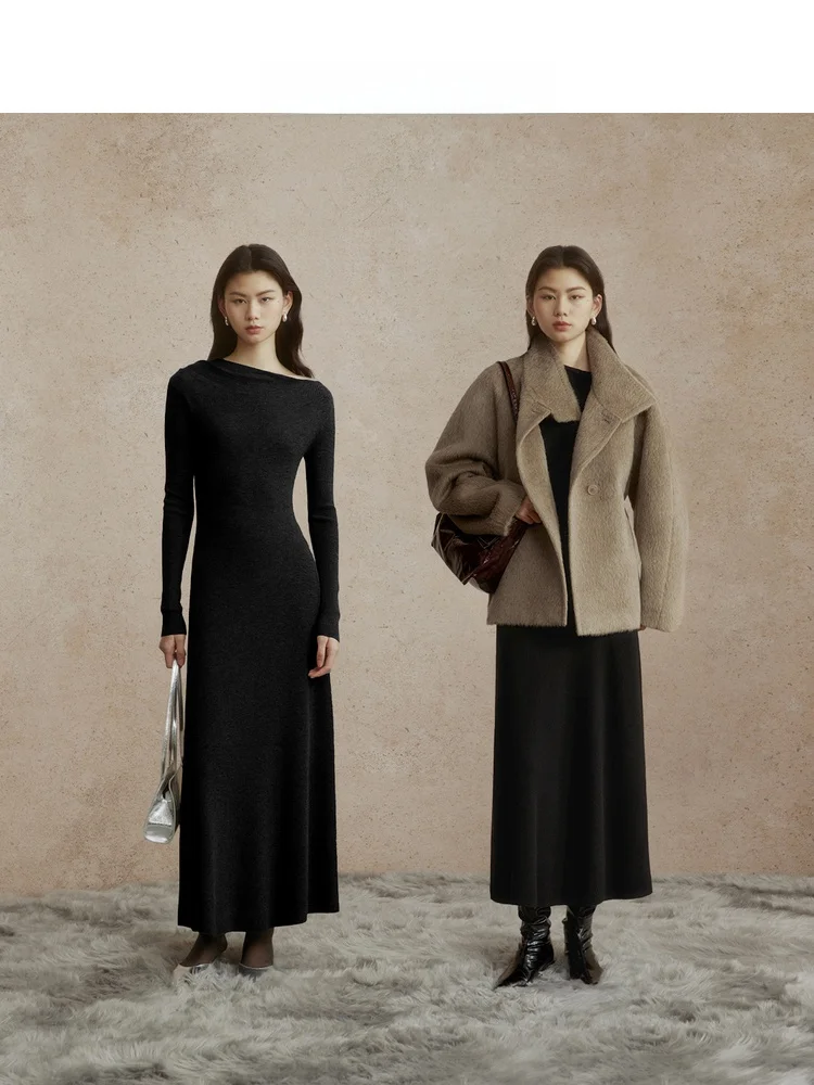 

Элегантное длинное вязаное платье ZHIZHI Changle Yue с асимметричным воротником для женщин, зимнее, модное, приталенное, изысканное, ручной работы, с бахромой, из шерсти
