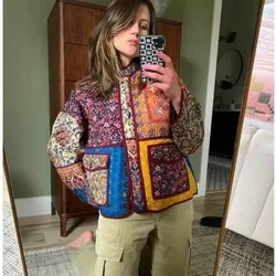 Abrigos acolchados Vintage con estampado Floral para mujer, chaqueta acolchada con cuello levantado, ropa de algodón con botones, abrigo suelto, ropa de invierno, nuevo