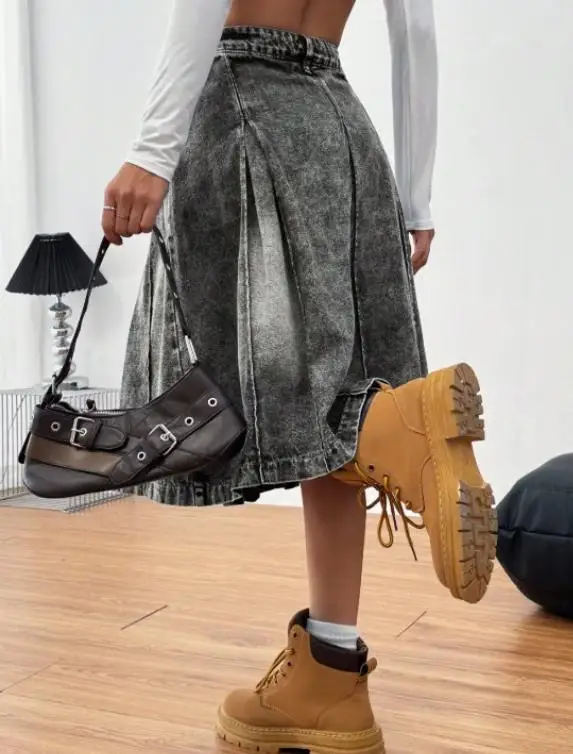 

2026 Elegant Female Casual Bottom Women's Retro Denim Half Body Pleated Skirt Female Clothing