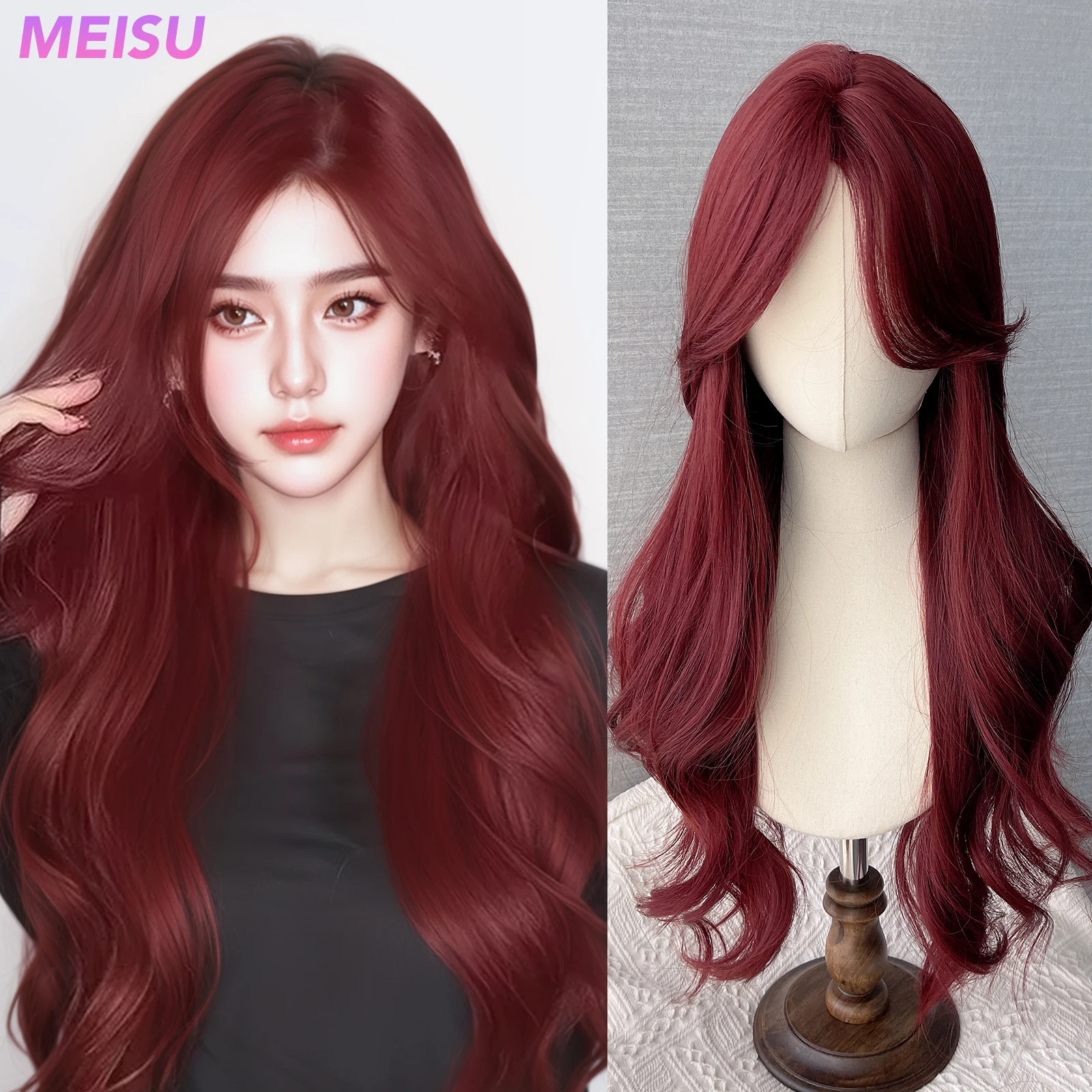 

MEISU 24-дюймовый красный вьющийся парик с синтетической челкой, термостойкие натуральные гладкие волосы, стильные вечерние парики для женщин