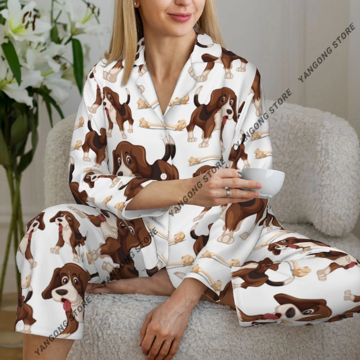

Женская одежда для сна, домашняя одежда, милый пижамный комплект с длинными рукавами и лацканами с рисунком собаки бигля и брюки с эластичной резинкой на талии