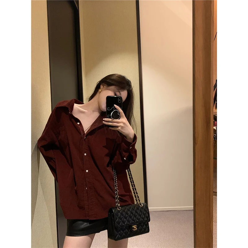 

Women Autumn Vintage Fashion Solid Color Polo Collar Long Sleeve Shirts Ladies Simplicity Office Lady All-match Temperament Tops
