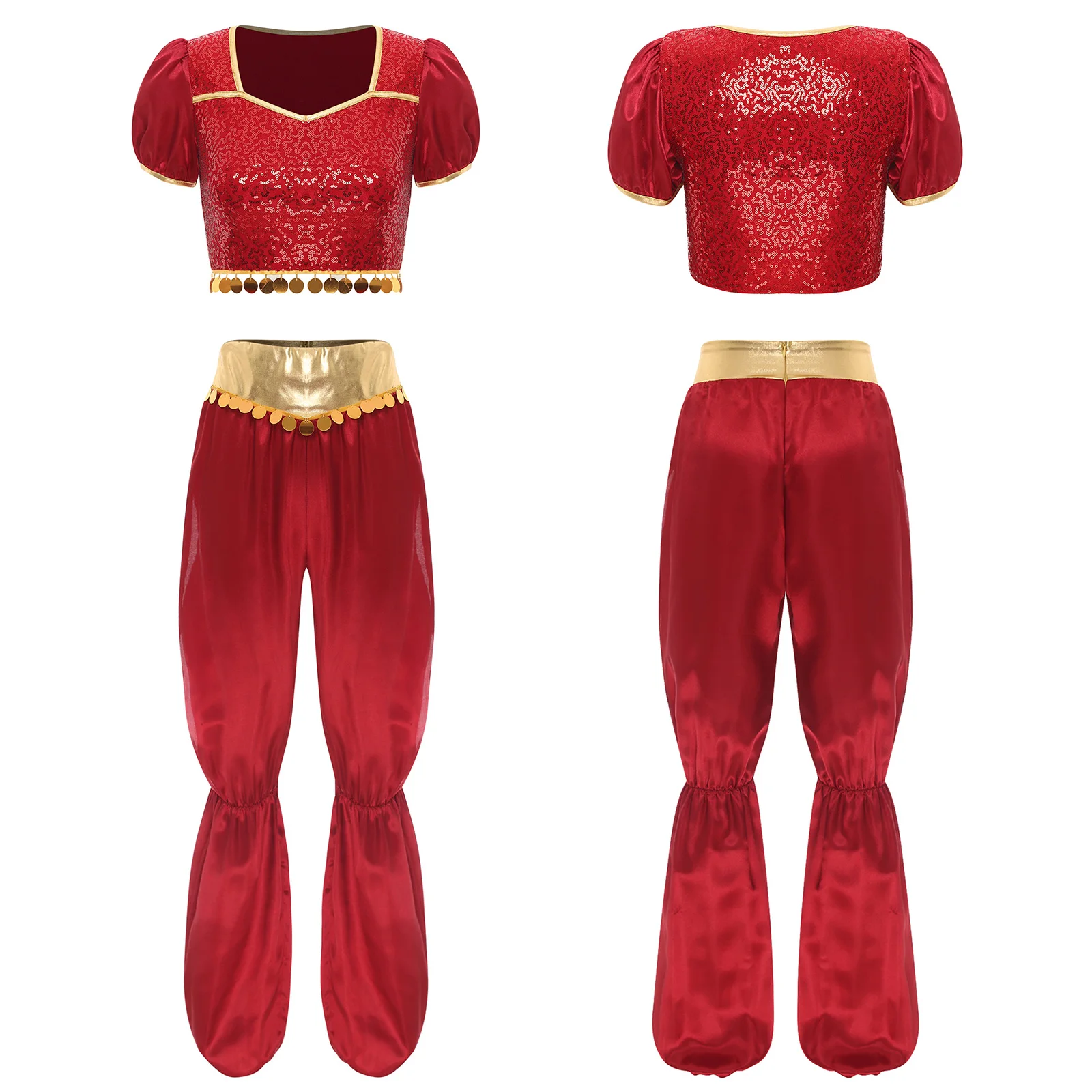 Women Arabian Arab Princess Costume Belly Dance Outfit Cosplay Halloween Party Sequins Top + Pants for Dance Performance Suit