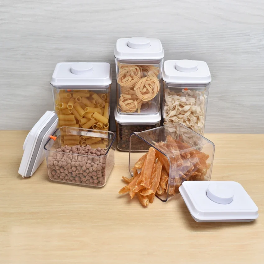 Press Vacuum-Seal Kkitchen Storage Jar Set, scatola con coperchio ermetico sottovuoto integrato ideale per chicchi di caffè snack alimentari erbe fresche