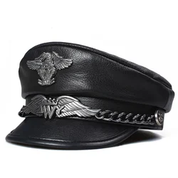 Exclusive German Military Cap Man Genuine Leather Flat Top Hat Korean Fashion Eagle Mark Chain Punk Locomotive Casquette Male