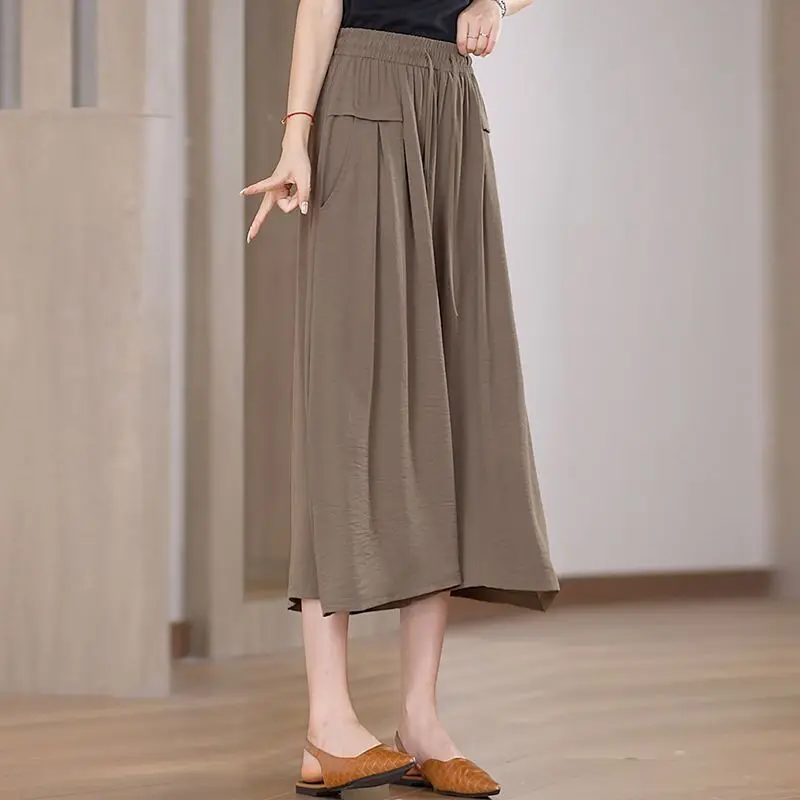 

Women's Clothing Spring Summer Solid Color Elastic High Waisted Pockets Loose Casual Korean Fashion Wide Leg Comfortable Pants