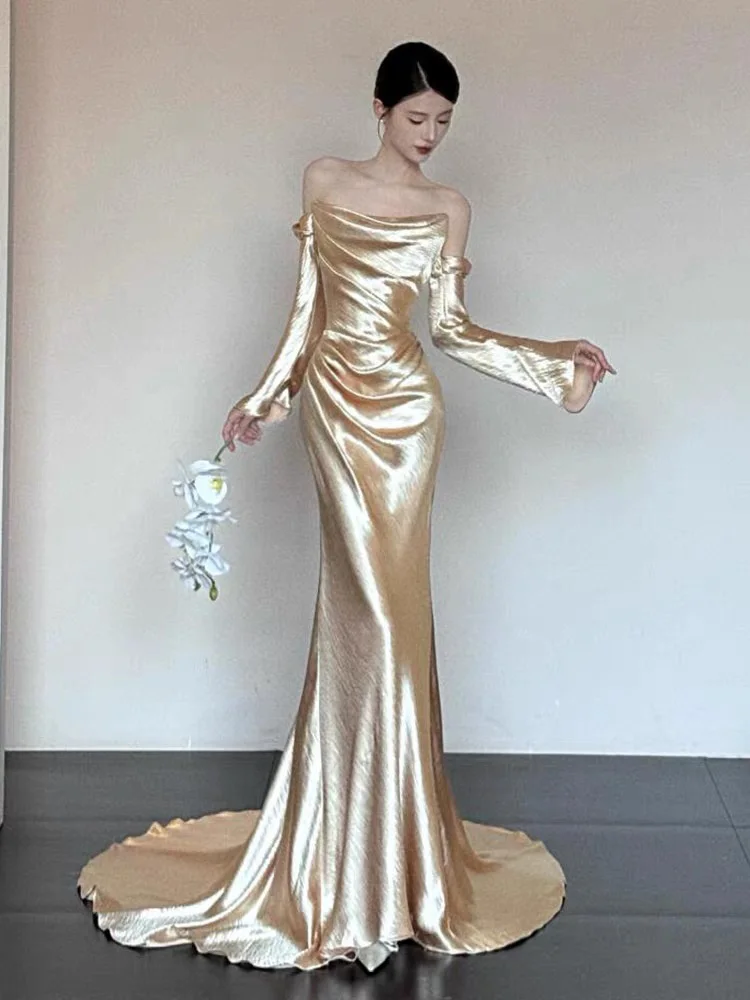 Ele Avondjurk met één schouder, trouwjurk met sleep voor verloving en ochtendhots, aanpasbaar lang Sve Floor L...