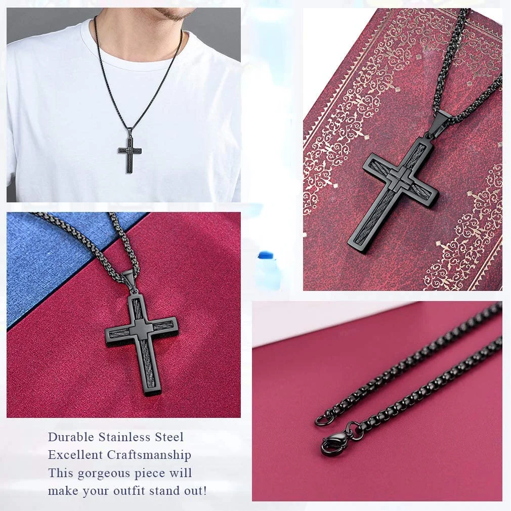 U7 Black Gold Color Stainless Steel Vintage Style Brainding Rope Pattern Cross Necklace for Man Woman Catholic Daily Jewelry