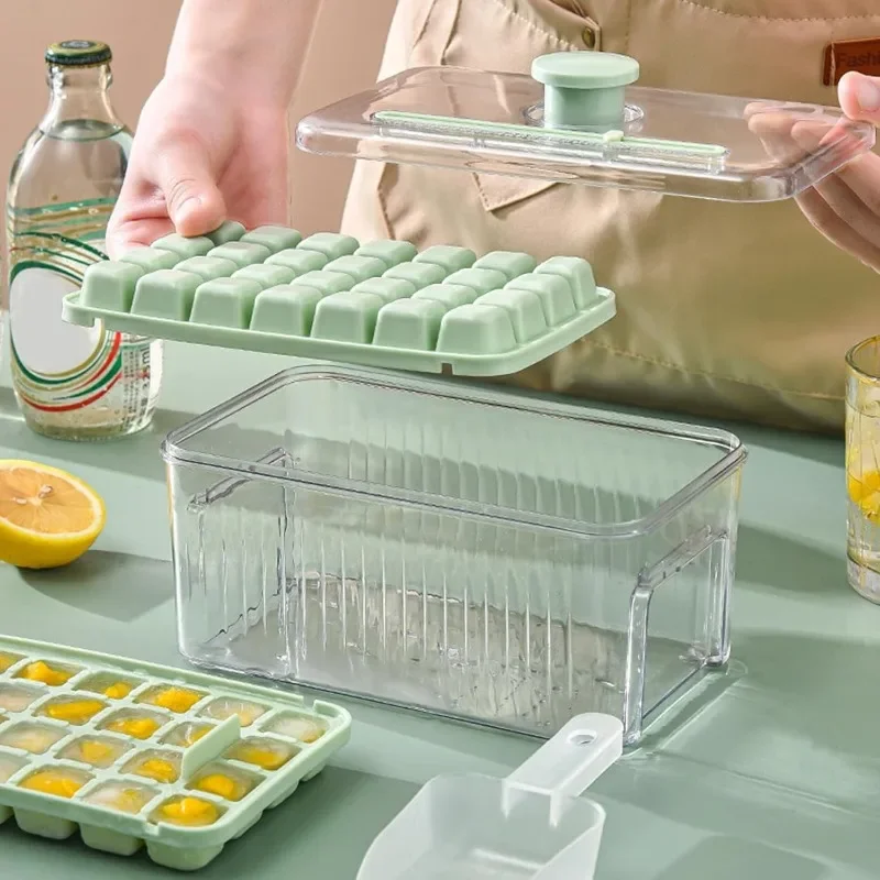 Molde de cubos de gelo com um botão, caixa de gelo com tampa e caixa multiuso, molde de armazenamento de gelo doméstico de qualidade alimentar