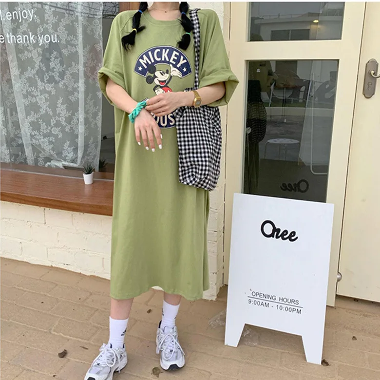 Brand Trend  Summer New Women Dress Mickey Mouse Cartoon Loose Short-sleeved Over-the-knee Long T-shirt Skirt Popular Korea