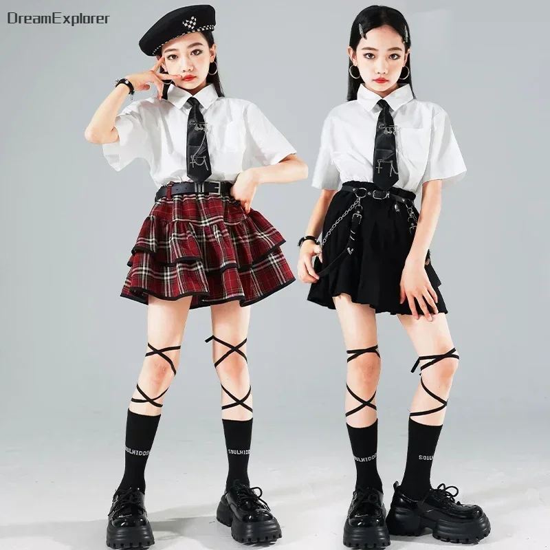 Hip Hop Girls Shirt Street Dance K-pop Plaid Tiered Skirts Kids School Uniforms Streetwear Children Jazz Costumes Clothes Sets