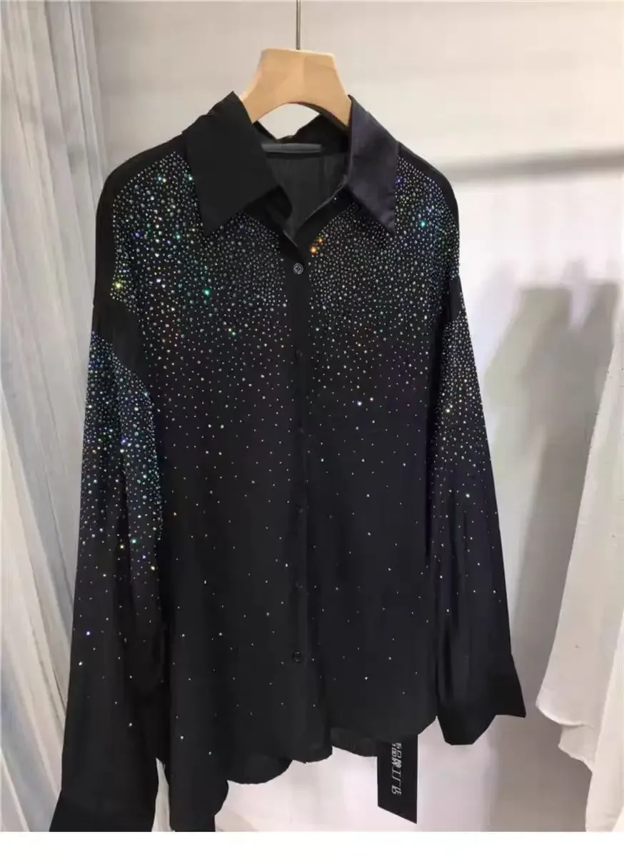 

New Autumn Diamonds Hot Drillg Loose Casual Shirts For women Long Sleeve Sgle Breasted Black White Top Blusas