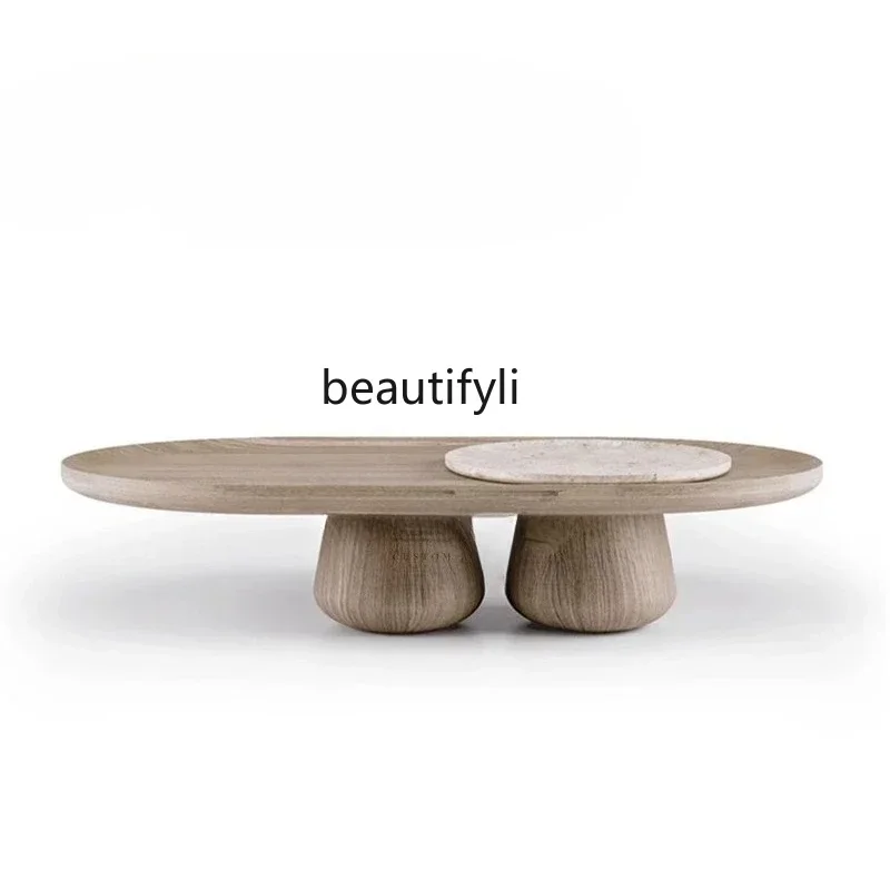 

Light luxury modern high-end sense pure natural marble simple home living room solid wood coffee table wabi sabi coffee table