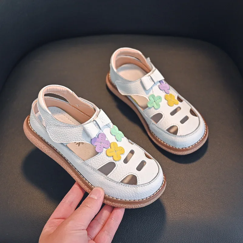 Genuine Leather Girls Sandals Fashion Appliques Flower Summer Children\'s Shoes Cow Leather Baby Kids Beach Sandals