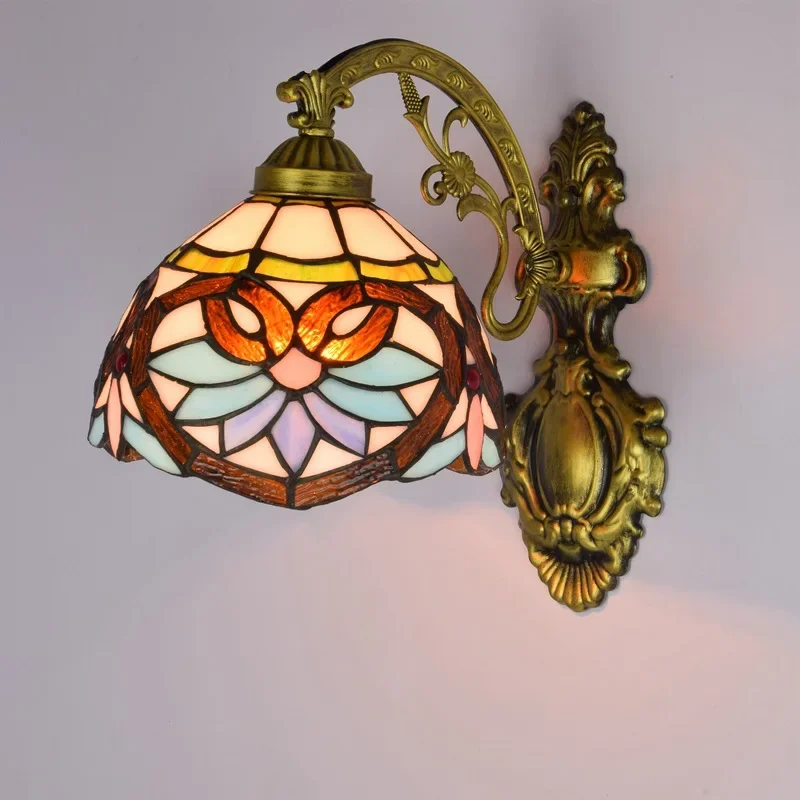 

Tiffany stained glass retro mirror headlight American pastoral bedside aisle sun flower glazed wall lamp