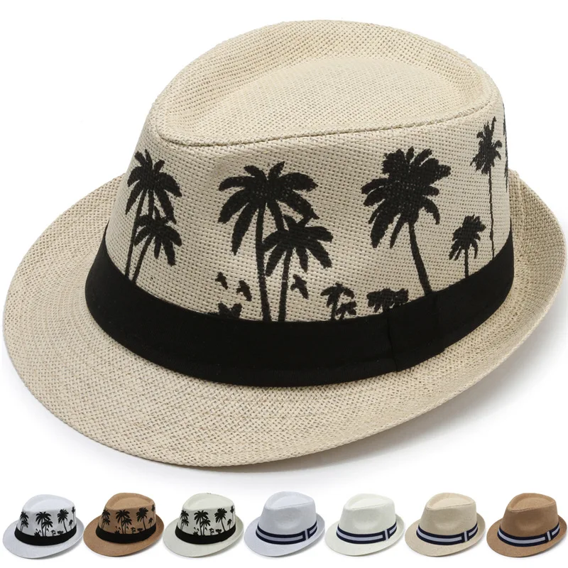 Summer Coconut Tree Pattern Jazz Hat Casual Sun Protection Shade Beach Top Hat Straw Breathable Sun Cap Party Straw Caps