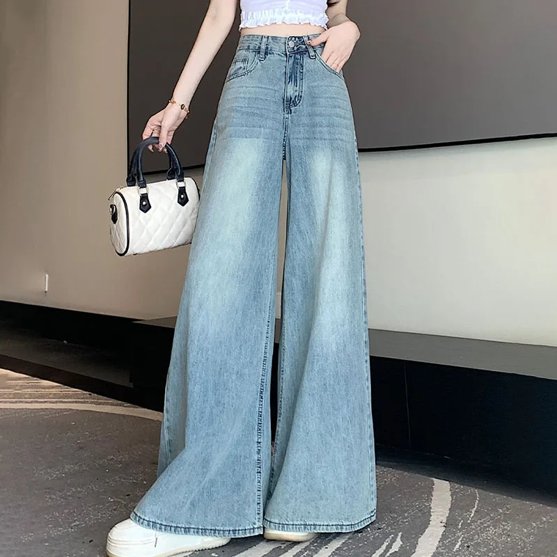 High Waist Wide Leg Jeans Women's Summer New Fashion Thin Crotch Covering Slimming Plus Size Legs Loose Denim Trousers