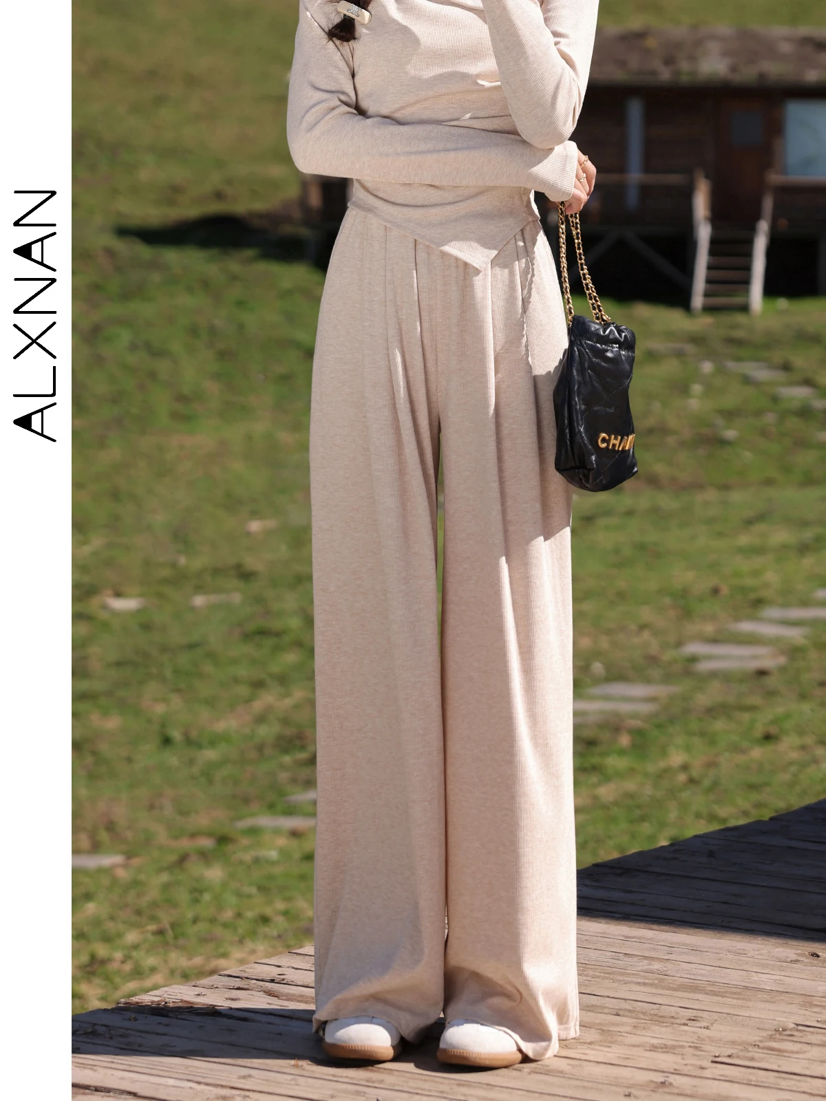 

ALXNAN Women's Casual Straight Pants 2024 Autumn Winter Elastic Waist Female Pleated Long Wide Leg Pant Sold Separately L39228KZ