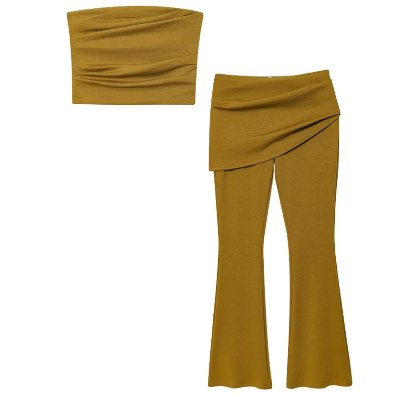 Hxao verde oliva conjuntos de calças finas femininas duas peças conjunto colheita fora do ombro babados tubo superior outfits meados de cintura flares calças conjuntos