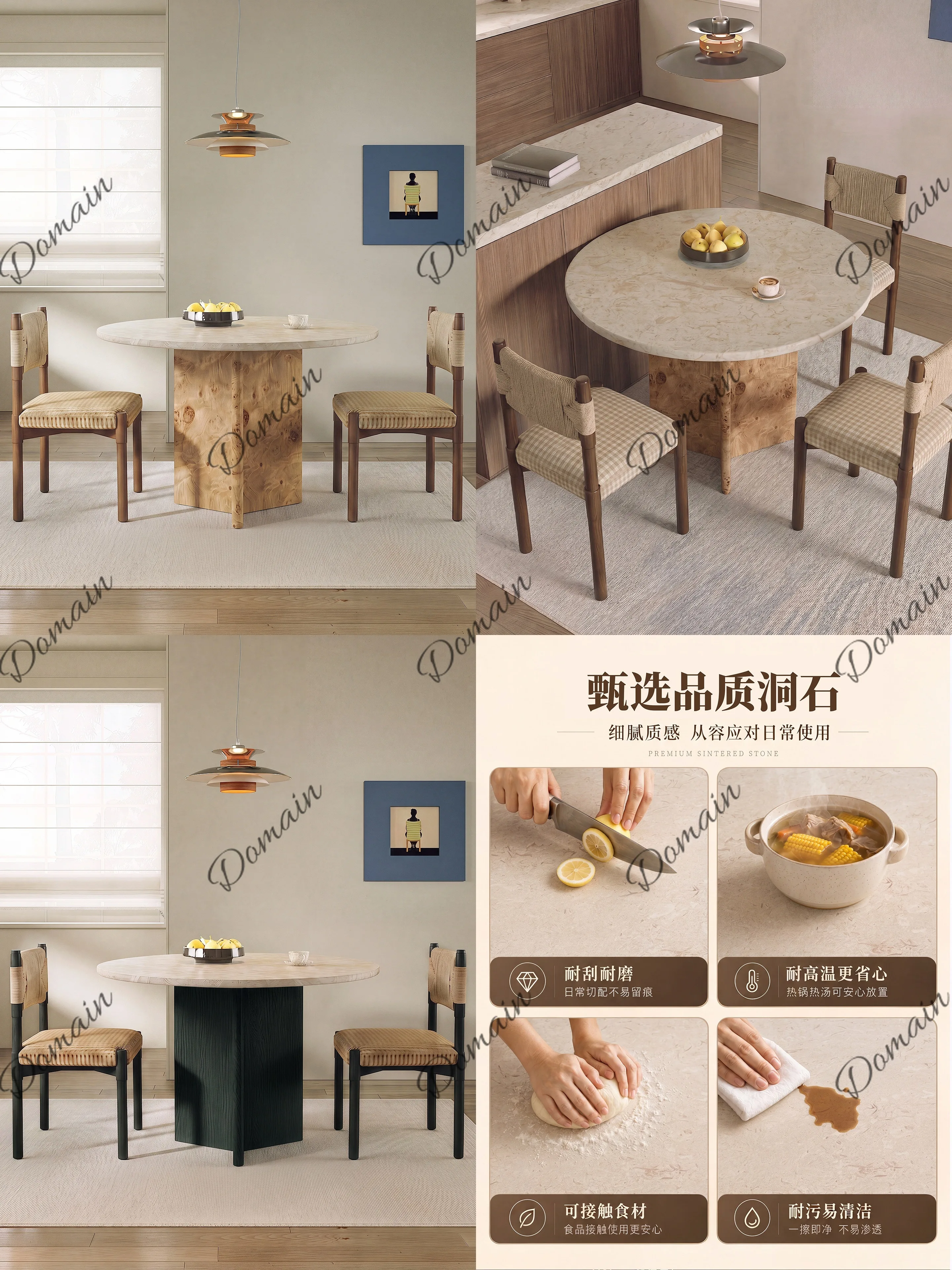 Mid-Century Travertine Round Dining Table Wabi-Sabi Style Space-Saving Table & Chairs Set for Home