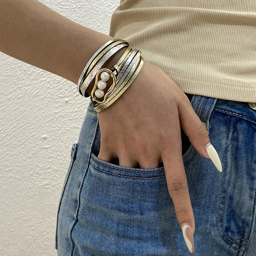 ALLYES Irregular Gourd Pearl Beads Leather Bracelet Vintage Boho Slim Strips Multilayer Wrap Bangle Bracelets Charm Jewelry