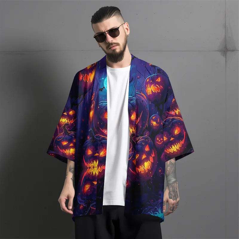 سترة كيمونو مطبوعة للهالوين للرجال، ملابس خارجية للحماية من الشمس، معطف قصير فضفاض من ألياف البوليستر، طول أكمام عادي #3