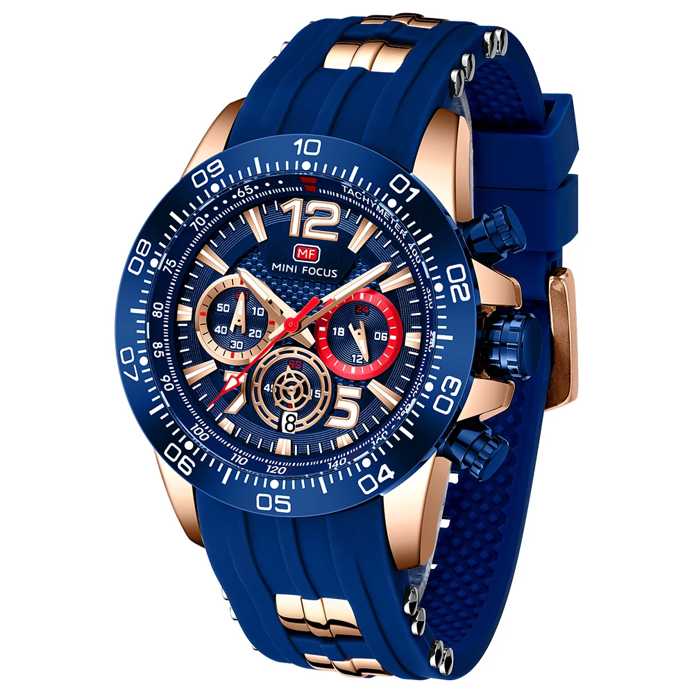 MINI FOCUS Men's Sport Quartz Watch, Luminous Dial, Calendar, Small Seconds, 30M Water Resistant, Silicone Strap