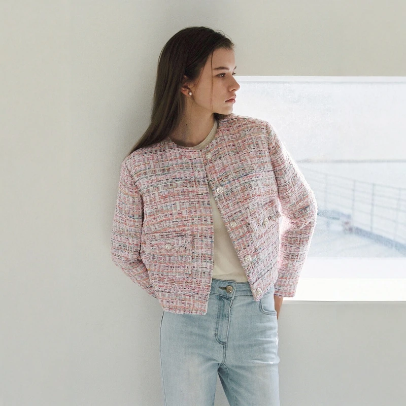 Stunning Pink Floral Cashmere Coat 2026 Spring Luxury Style Long Sleeve round Neck Short Length Single Button Closure Women's...