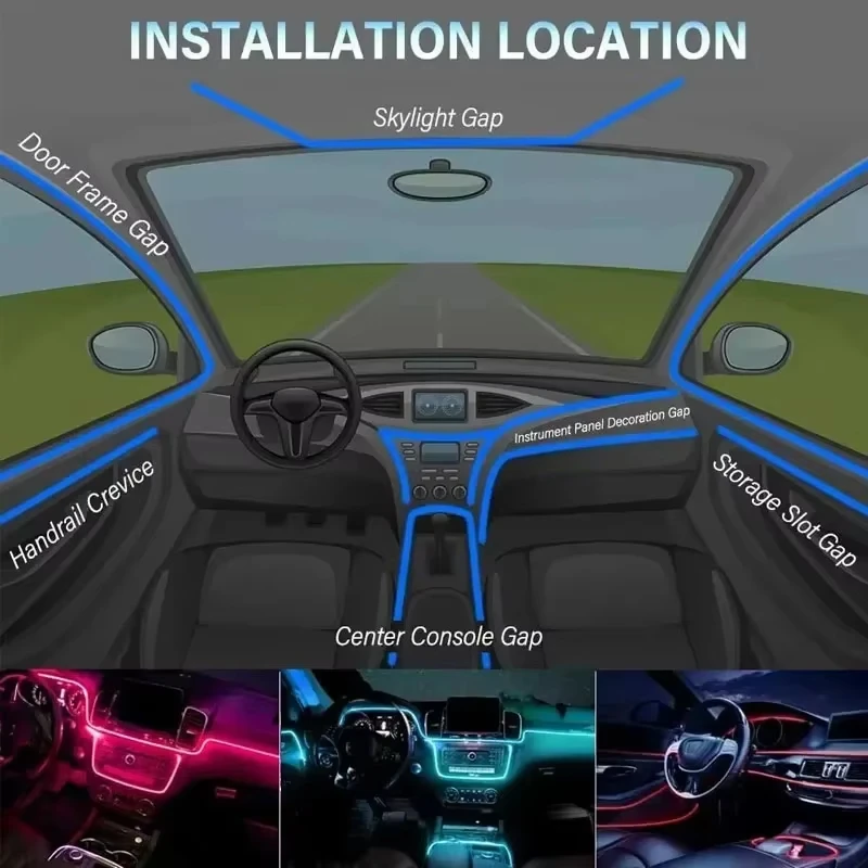 Car RGB Ambient LED Light Strip Flexible Fiber Optic Neon Atmosphere Interior Decoration App Control USB Car Interior Lighting