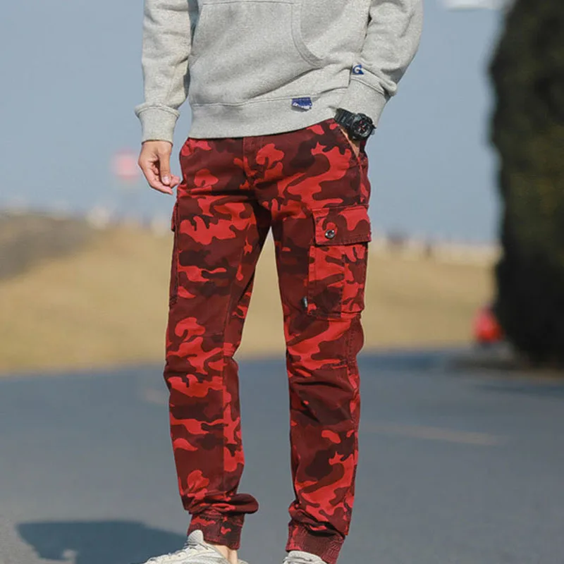 Fashion Cargo Pants Men High Street Cotton Jogger Pants Ankle Banded Casual Trousers Men\'s Pants Camouflage Black MY031